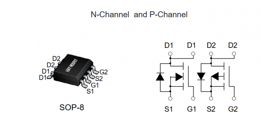 AO4614 HXY полевой транзистор (MOSFET) N+P, 40 В / -40 В, 7.2 А / -6.5 А, 26 мОм, 5.5 нКл,   SOP-8 фото 2