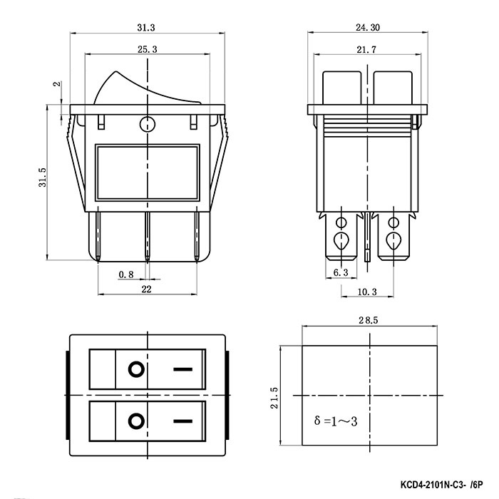 Клавишный переключатель RUICHI KCD4-2101N-C3-RG/6P, ON-OFF фото 2