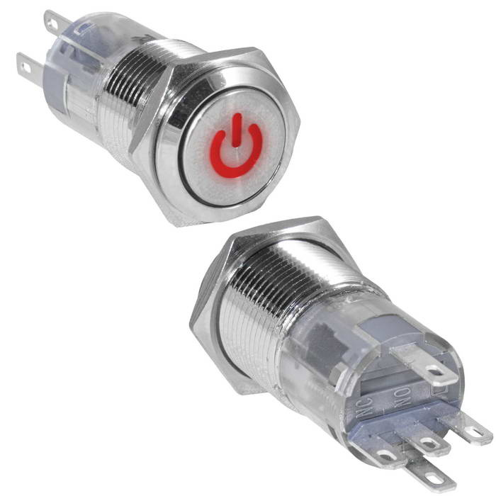 Кнопка антивандальная RUICHI LAS2GQF-11ZDT/R/N, ON-ON, рабочая температура -25…+55 °C, никелированная латунь фото 1