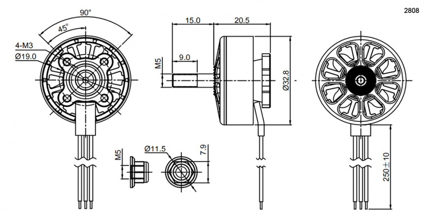 Электродвигатель бесщеточный RUICHI 2808 1500-RH, 1500 kV, диаметр вала с резьбой M5, гайка с прессшайбой, аккумулятор LiPo 4-6S, цвет черный фото 2