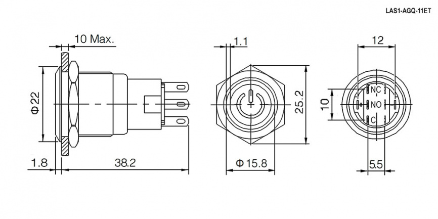 Кнопка антивандальная RUICHI LAS1-AGQ-11ZET/G/N, ON-ON, рабочая температура -25…+55 °C, никелированная латунь фото 2