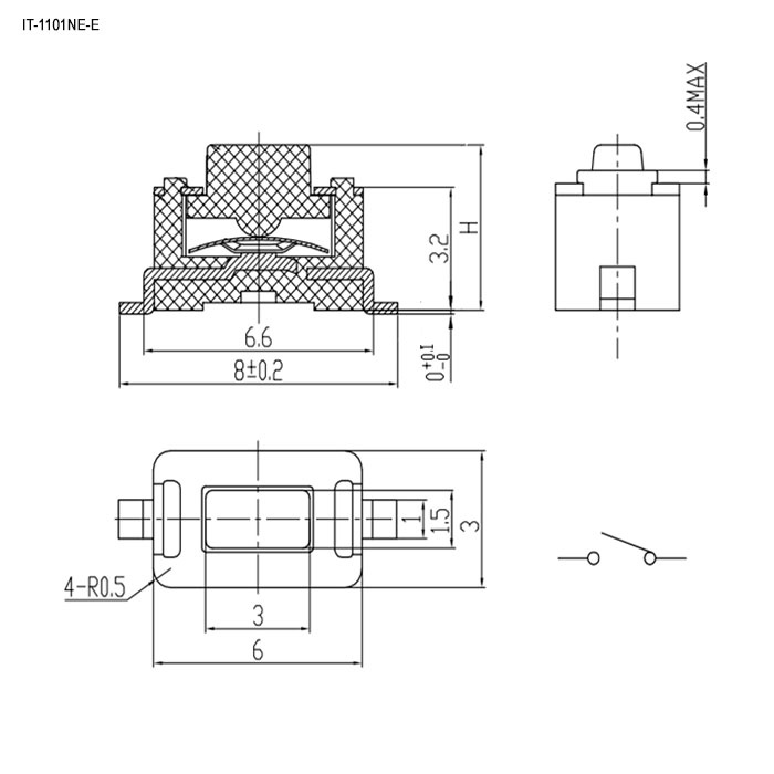 Тактовая кнопка RUICHI IT-1101NE-E, 6x3x4.3 мм, OFF-(ON), 50 мА, 12 В, 100 мОм фото 2