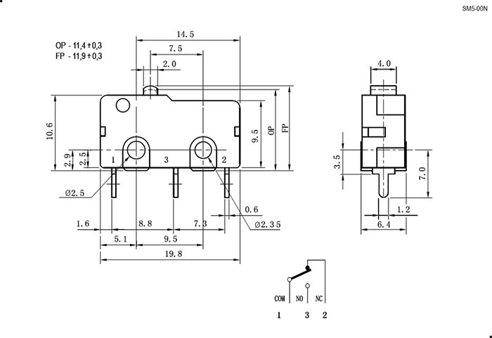 Микропереключатель RUICHI SM5-00N-116, ON-(ON) SPDT 3P, 3 А, 250 В фото 2