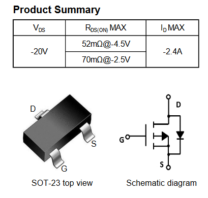 FDN304P SLKOR полевой транзистор (MOSFET), P-канал, -20 В, -2.4 А, 52 мОм, SOT-23 фото 2