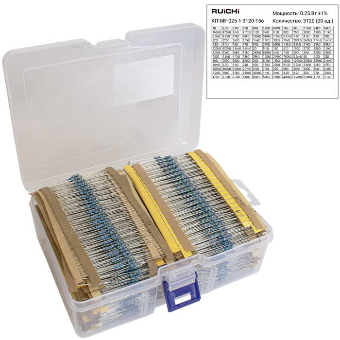 Набор выводных металлопленочных резисторов RUICHI KIT-MF-025-1-3120-156, 3120 штук (156   номиналов по 20 штук), 0.25 Вт, 1%, 1 Ом - 10 МОм фото 1