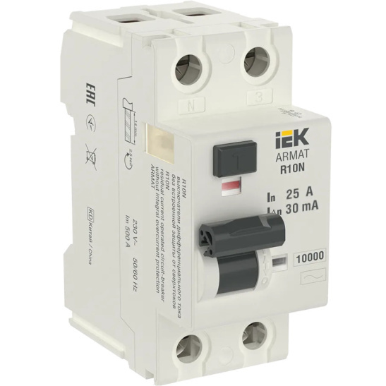 Выключатель дифференциальный УЗО R10N 2Р 25А 30мА ARMAT IEK (AR-R10N-2-025C030) фото 1
