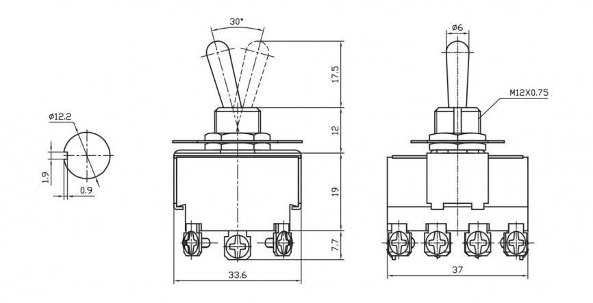 Тумблер двухпозиционный двухполюсный RUICHI KN3B-402A, 56.2х37х33.6 мм, ON-ON, 4PDT, 10 А, 250 В, 50 мОм, 12  контактов, под винт фото 2