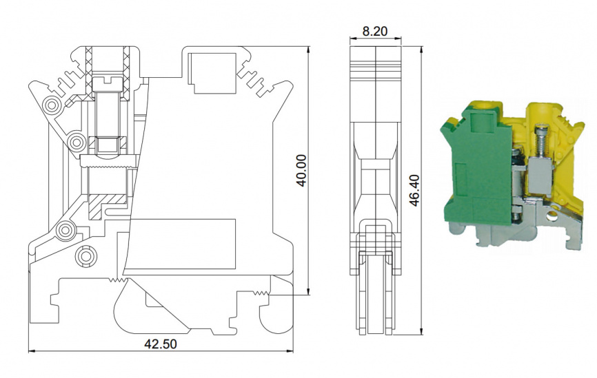 Клеммная колодка на DIN-рейку SANHE SHUKT6N, UL/IEC, 65 А, 2000 В, 24-10 AWG, PA66, корпус желто-зеленый фото 2