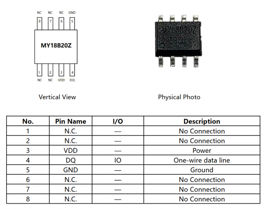 MY18B20Z (DS18B20Z+), датчик температуры цифровой Mysentech, -55…+125 °С, точность ±0.5°C, 1-Wire, корпус SOP-8 фото 2
