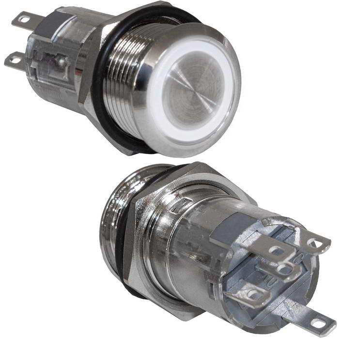 Кнопка антивандальная с подсветкой RUICHI LAS2GQF-11E/W/N, ON-(ON) без фиксации, М16, подсветка 12 В, 250 В, 3 А, 50 мОм, -25...+55 °C, корпус никелированная латунь, индикатор кольцевой, цвет индикатора белый фото 1