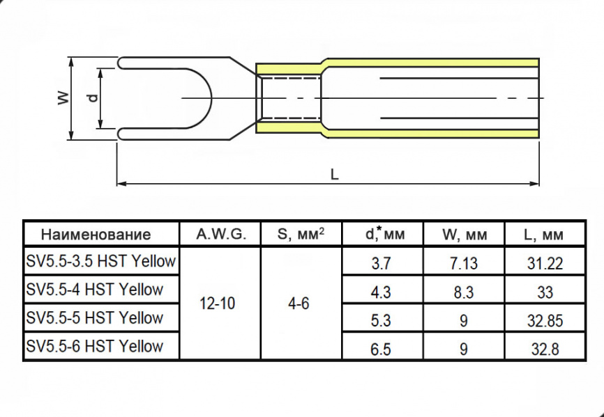 Наконечник кабельный вилочный изолированный RUICHI SV5.5-3.5 HST, 19 А, 12-10 AWG, желтый, латунь луженая фото 2