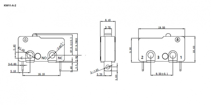 Микропереключатель RUICHI KW11-A-2, 10.6х6.4х19.8 мм, OFF-(ON), SPST 2P, 250 В, 5 А, 30 мОм, -25...+85 °C фото 2