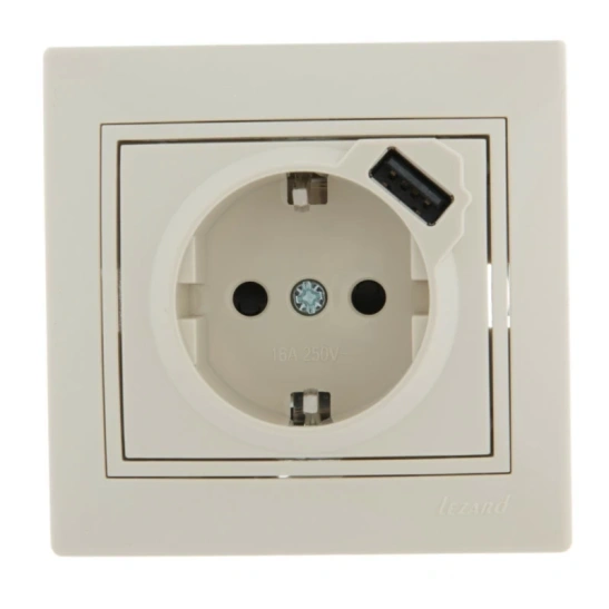 Розетка 701-0303-181  1-ая с з/к + USB разъем крем с/у Lezard МИРА фото 1