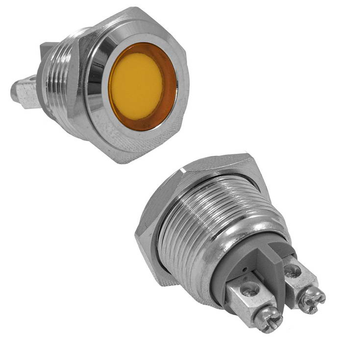 Индикатор антивандальный RUICHI GQ16F-Y, желтый, M16, IP65, никелированная латунь фото 1