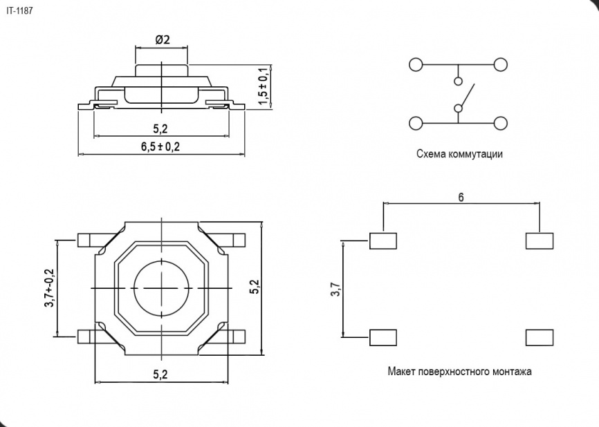 Тактовая кнопка RUICHI IT-1187U, 5.2x6.2x1.5 мм, OFF-(ON), SPST, 50 мА, 6 В, 100 мОм фото 2
