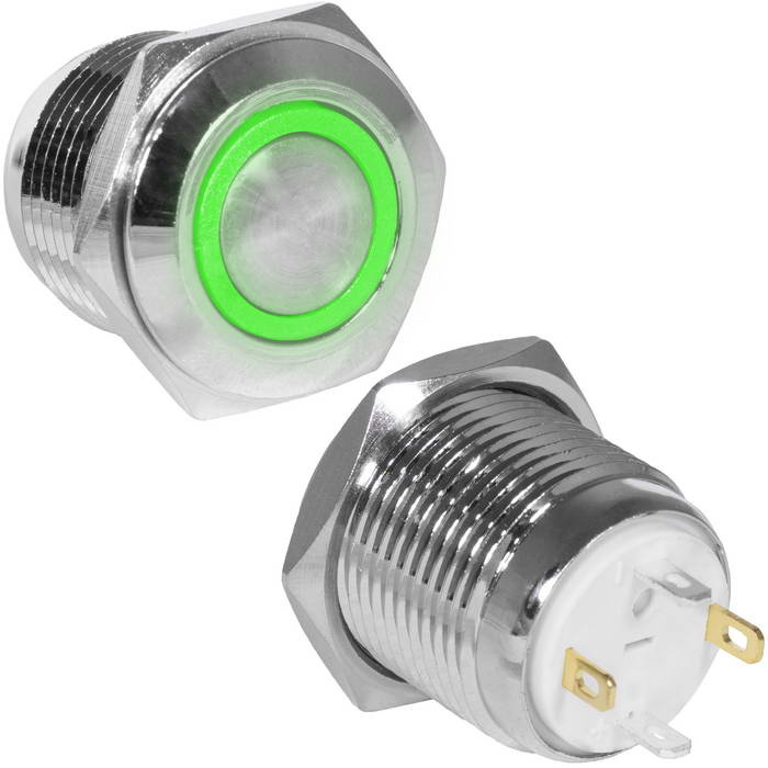 Кнопка антивандальная RUICHI GQ16F-10E/J/G/N, OFF-(ON), рабочая температура -25…+55 °C, никелированная латунь фото 1