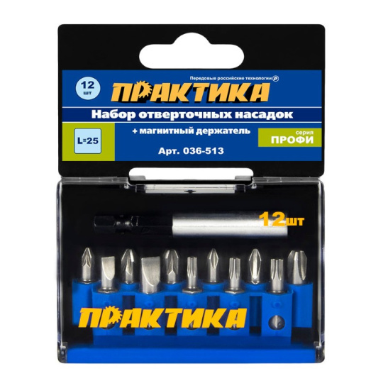 Набор бит "Профи" 12шт. PH 3шт PZ 3шт Torx 3шт LS 2шт x 25мм держатель, кассета; Практика арт.036-513 фото 2