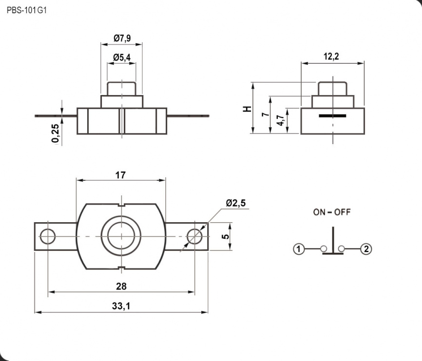 Кнопочный переключатель RUICHI PBS-101G1, ON-OFF, 1.5 А,  250 В фото 2