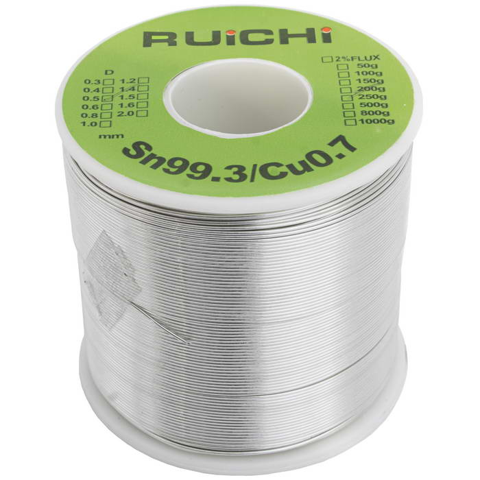 Припой оловянно-медный RUICHI, Sn 99.3%/Cu 0.7%, бессвинцовый,  диаметр 0.5 мм, 250 г, с флюсом фото 1
