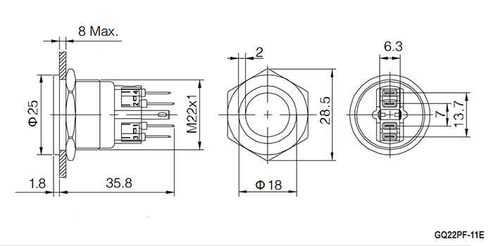 Кнопка антивандальная RUICHI GQ22PF-11E/B/N, ON-(OFF)+OFF-(ON), рабочая температура -25…+55 °C, никелированная латунь фото 2