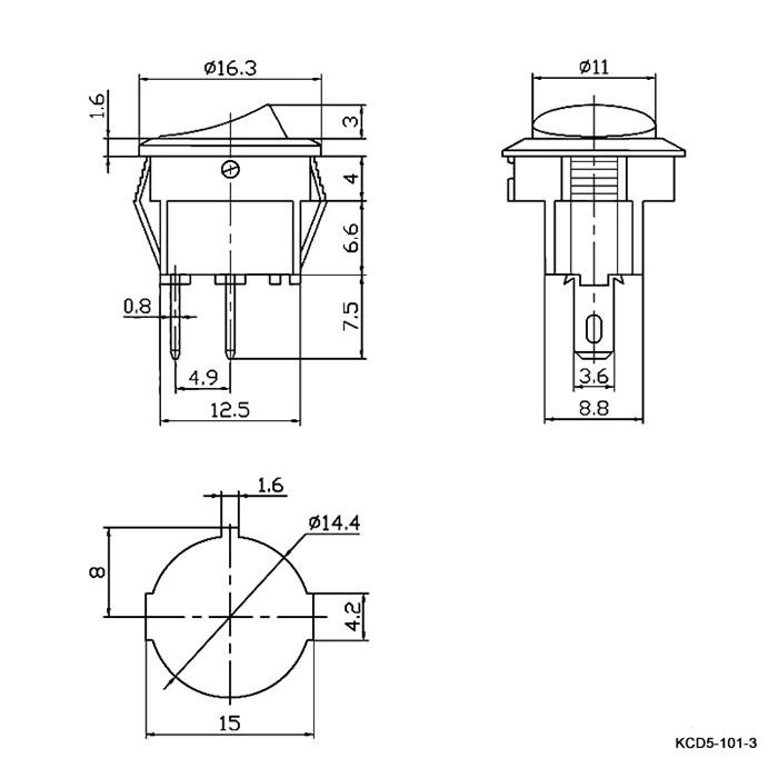 Клавишный переключатель RUICHI KCD5-101-3-C1-B/2P, ON-OFF, 2 контакта, черный фото 2