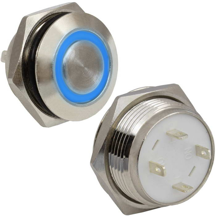 Кнопка антивандальная с подсветкой RUICHI GQ16TF-10E/B/N, OFF-(ON), рабочая температура -25…+55 °C, никелированная латунь, короткая, синяя подсветка фото 1