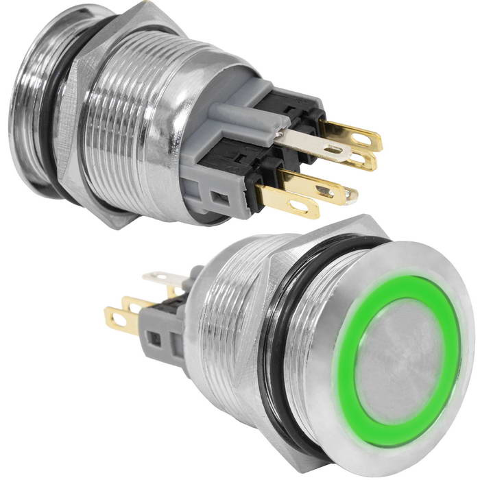 Кнопка антивандальная RUICHI GQ22-11E/G/N, ON-(OFF)+OFF-(ON), рабочая температура -    25…+55 °C, никелированная латунь фото 1