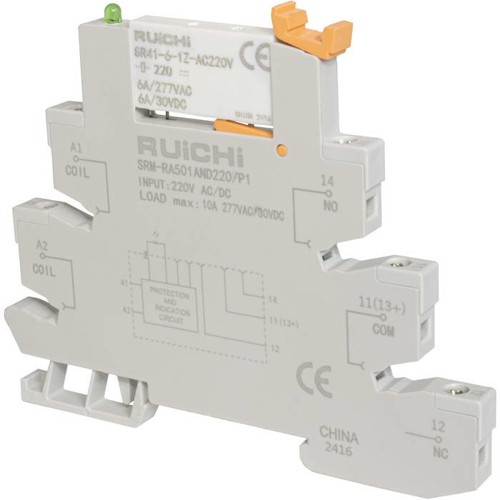 Интерфейсный модуль реле RUICHI SRM-RA501AND220/P1, 6 А, 220 В AC/DC, 1 перекидной   контакт, моностабильное переключение, с колодкой, винтовое соединение фото 1