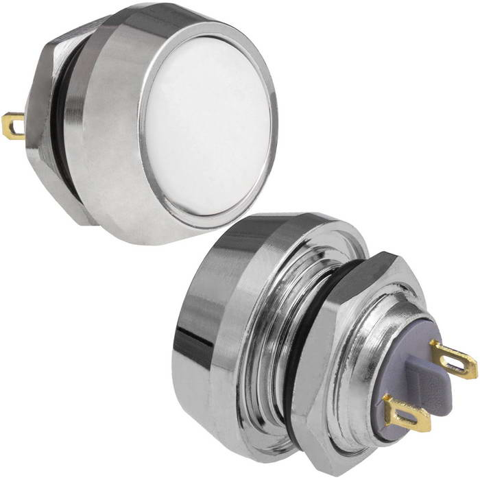 Кнопка антивандальная без подсветки RUICHI GQ12B-10/J/W/N, 1NO, ОFF-(ON) без фиксации, пос. диаметр 12 мм, контакты 2Pin, 2 А, 50 мОм, -20...+55 °C, корпус никелированная латунь, кнопка белая фото 1