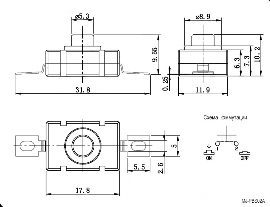 Кнопочный переключатель RUICHI MJ-PBS02A, ON-OFF, 1.5 А, 250 В фото 2