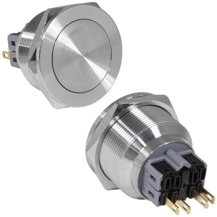 Кнопка антивандальная RUICHI GQ30PF-11/N, ON-(OFF)+OFF-(ON), рабочая температура -25…+55 °C, никелированная латунь фото 1