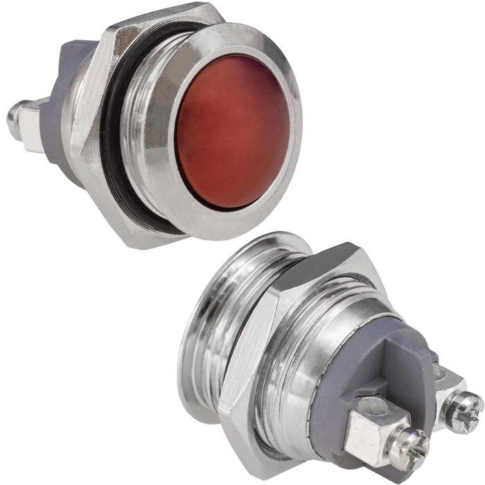 Кнопка антивандальная без подсветки RUICHI GQ16B-10/R/N, 1NO, ОFF-(ON) без фиксации, пос. диаметр 16 мм, контакты 2S, 2 А, 50 мОм, -20...+55 °C, корпус никелированная латунь, кнопка красная фото 1