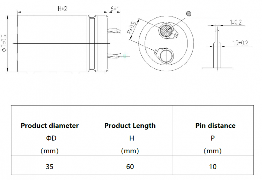 HP-2R7-J367VYJ33, ионистор KAMCAP, 360 Ф, 2.7 В, 75.9 А, 30х60 мм, циллиндрический, с жесткими выводами (Snap in) фото 2