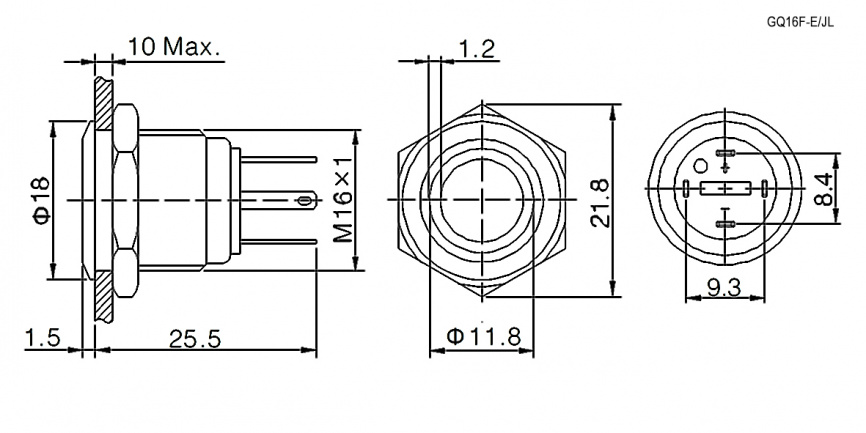 Кнопка антивандальная RUICHI GQ16F-10E/JL/G/N, OFF-(ON), рабочая температура -25…+55 °C, никелированная латунь фото 2