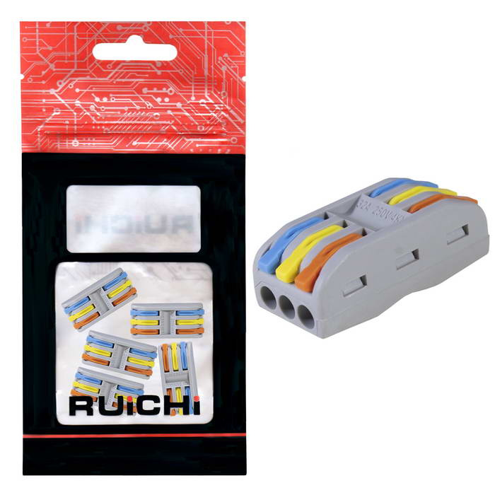 Клемма зажимная проходная 6-контактная 3-проводная RUICHI LC-203, медь, цвет красный/синий/желтый, упаковка 5 шт. фото 1