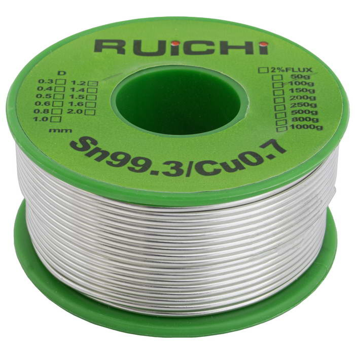 Припой оловянно-медный RUICHI, Sn 99.3%/Cu 0.7%, бессвинцовый,  диаметр 1.2 мм, 100 г, с флюсом фото 1