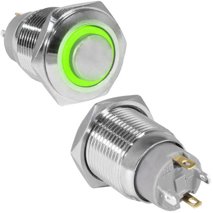 Кнопка антивандальная RUICHI GQ16H-10ZE/J/G/N, OFF-ON, рабочая температура -25…+55 °C,    никелированная латунь фото 1