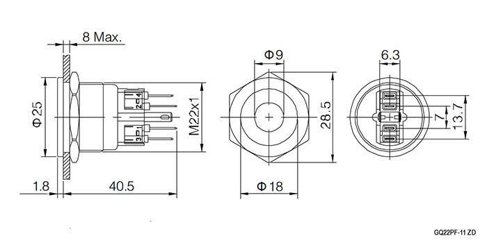Кнопка антивандальная RUICHI GQ22PF-11ZD/R/N, ON-OFF+OFF-ON, рабочая температура -25…+55 °C, никелированная латунь фото 2