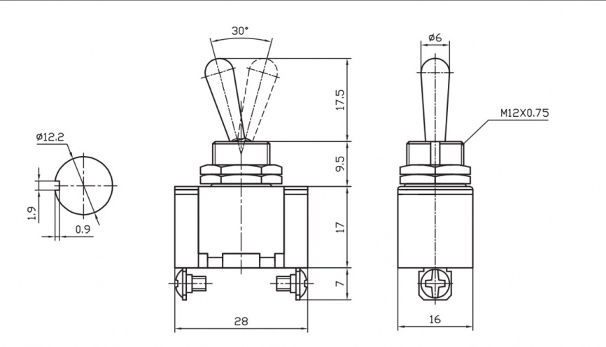 Тумблер двухпозиционный однополюсный RUICHI KN3(A)-101(A), 51х16х28 мм, ON-OFF, SPST, 10 А, 250 В, 50 мОм, 2 контакта, под винт фото 2
