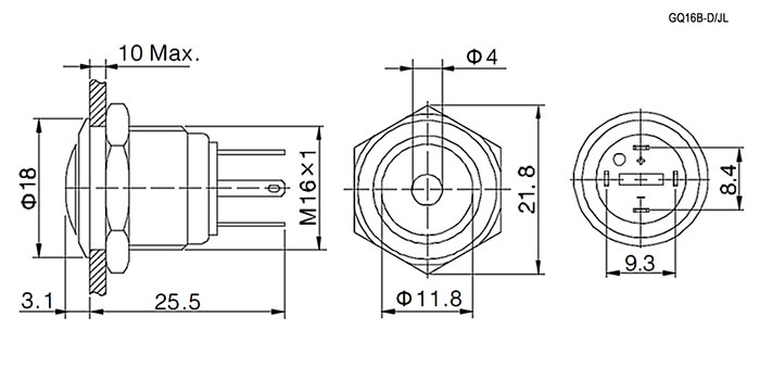 Кнопка антивандальная RUICHI GQ16B-10D/JL/R/N, OFF-(ON), рабочая температура -25…+55 °C, никелированная латунь фото 2