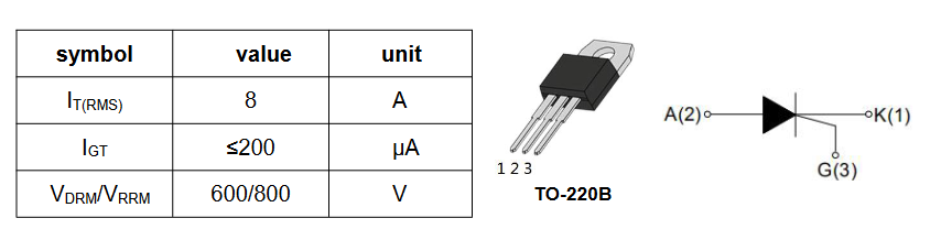 BT258-800R Weida тиристор, 800 В, 8 А, TO-220B фото 2