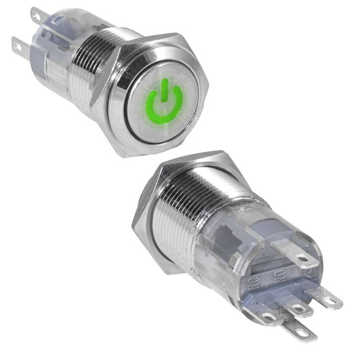 Кнопка антивандальная RUICHI LAS2GQF-11DT/G/N, ON-(ON), рабочая температура -25…+55 °C, никелированная латунь фото 1