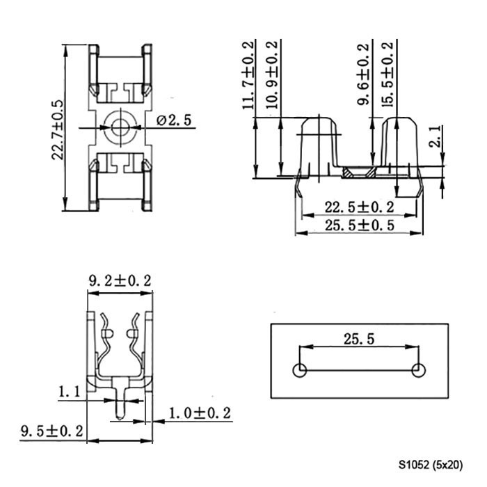 Держатель предохранителя на плату RUICHI S1052, 5.2х20 мм, 250 В, 10 А, -40…+85 °С фото 2