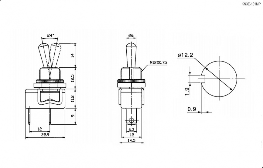 Тумблер двухпозиционный однополюсный RUICHI KN3E-101MP, 46.7х14.5х22.9 мм, ON-OFF, SPST, 6 А, 250 В, 50 мОм, 2 контакта, под пайку фото 2