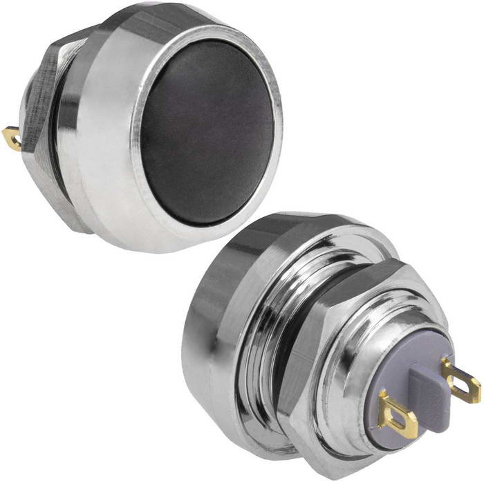 Кнопка антивандальная без подсветки RUICHI GQ12B-10/J/Bl/N, 1NO, ОFF-(ON) без фиксации, пос. диаметр 12 мм, контакты 2Pin, 2 А, 50 мОм, -20...+55 °C, корпус никелированная латунь, кнопка синяя фото 1